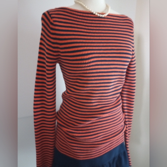 Ralph Lauren Orange Navy Blue Striped Shaker Knit Boat Neck Sweater Size Small - Picture 5 of 15